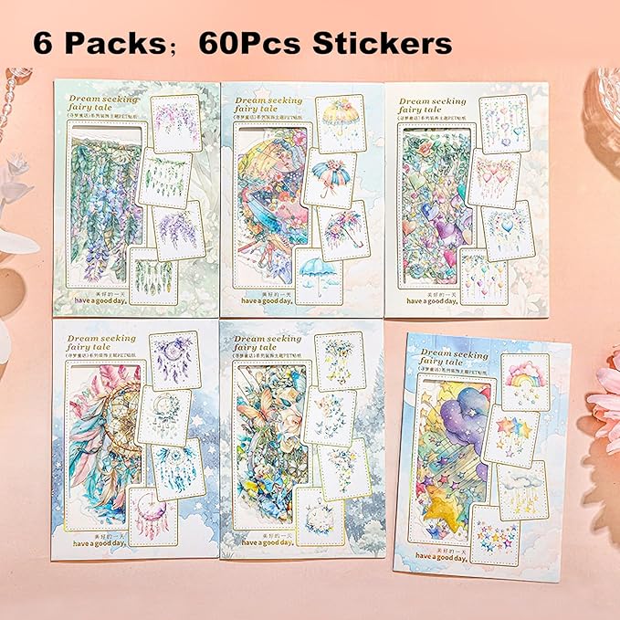 AuriicLeaf Fairy Tale PET Sticker Set, 60PCS Fantasy Scrapbook Supplies with Gold Foil Accents Waterproof Journal Stickers for DIY Crafts, Planners, and Collages