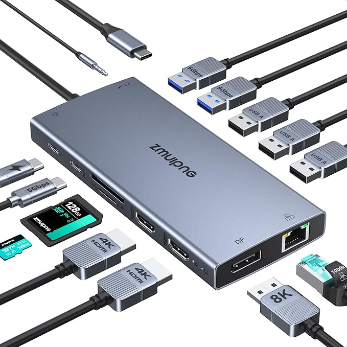 USB C Laptop Docking Station with 2 HDMI 4K@60Hz+DP 8K@30Hz for Dell HP 15 in 1 USB C Hub Triple Display Multiple Adapter Dongle with USB A Port+Button+PD+Ethernet+SD/TF+Audio for Thinkpad Surface