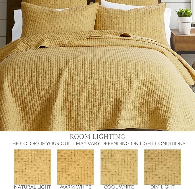 Levtex Home Cross Stitch Reversible Full Bedspread Set (100x104in) with 2 Pillow Shams (26x20in) - Stitch Texture - Ochre - 100% Cotton Full Size Bedspread Set - Lightweight, Soft, Pre-Washed