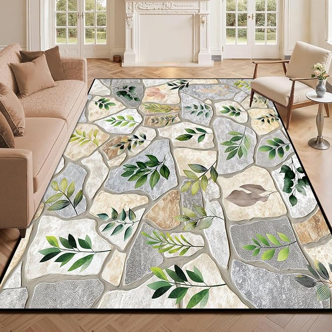 4'x6' Optical Illusion Rug 3D Stone Floor Mat Green Leaf Botanical Area Rug Rustic Nature Washable Carpet for Bedroom Living Room Kitchen Nursery Playroom Home Decor