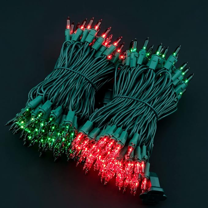 YULETIME 200 Red Green Christmas Lights, Pack of 2 Sets 33 Feet 100 Count UL Certified Incandescent String Lights (Red & Green - Green Wire)