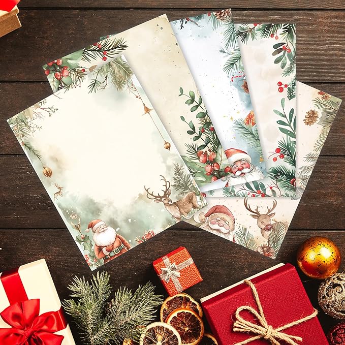 PARTH IMPEX 56 Sheets Christmas Writing Paper 8.5x11 - Letter Size Stationery Holidays Winter Party Looking Santa Letterhead Printer Paper - 120gsm Thick Decorative Double-sided Design
