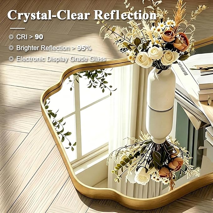 ANDY STAR 24"x36" Gold Mirror, Brushed Brass Scalloped Wall Mirror, Bathroom Wall Mirror with Stainless Steel Metal Framed Ideal for Bedroom, Hallway