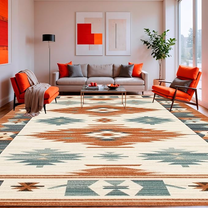 Flatwoven High Traffic Area Rug 4x6, Southwestern Horizon Vista, Non Slip, Stain Resistant, Washable Area Rugs for Living Room, Bedroom (Orange, 4x6)