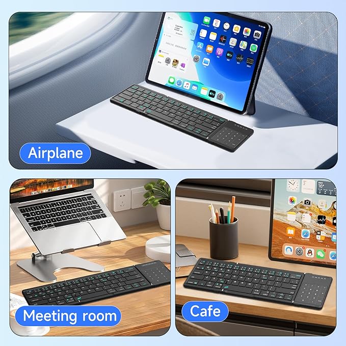Hllhunkhe Foldable Bluetooth Keyboard with Touchpad, Portable Full Size Keys, Number Pad, Large Trackpad Travel Keyboards for iPad Laptop PC Tablets -Black