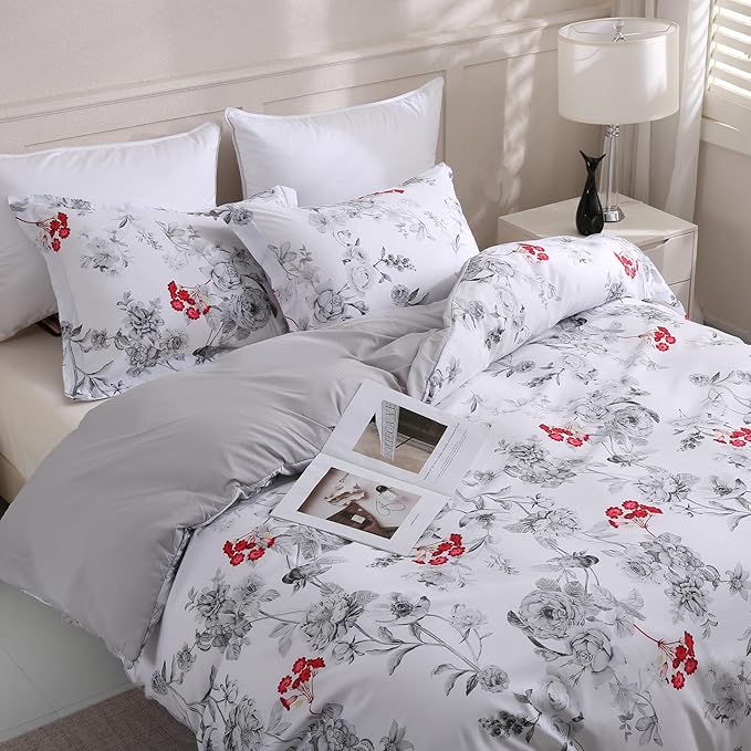 LONAVA Queen Flower 3 Pcs Duvet Cover Set, Breathable Soft Microfiber White Lining Comforter Cover with Zipper Closure, and 2 Anti-Pilling, Fade Resistant Pillowcases, Gothic Rose