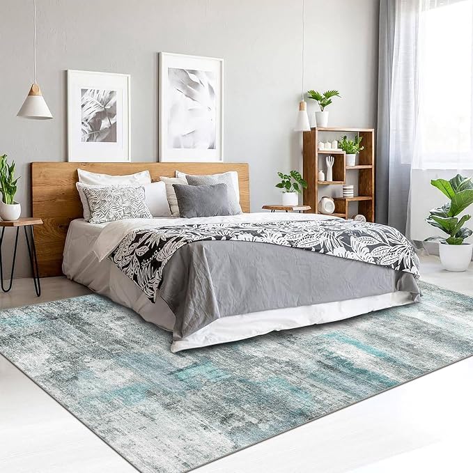5x7 Area Rugs - Ultra-Thin Washable Rug with Non-Slip Backing, Ideal for Living Room, Bedroom, Kitchen Floor Carpet - Modern Abstract Style, Easy Clean, Durable, Low Pile Teal