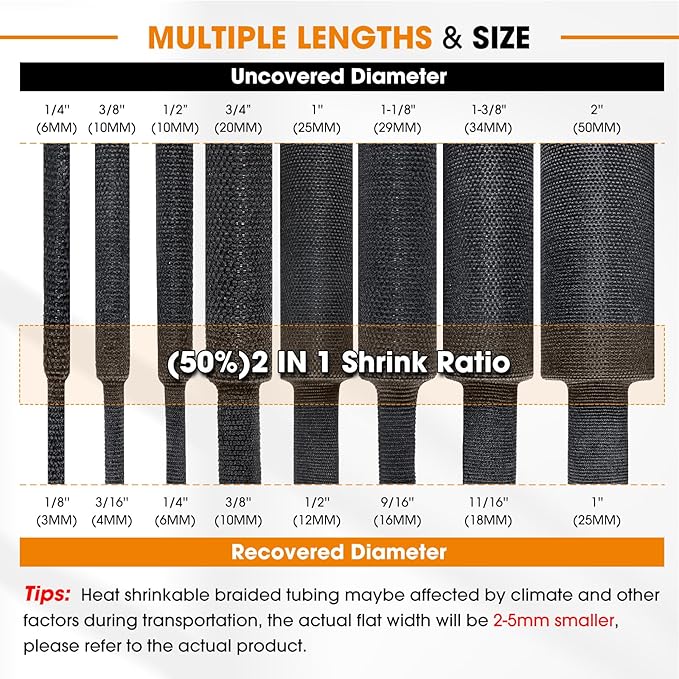 SUNNAREPOON 2:1 Ratio Automotive Heat Shrink Braided Sleeve, Cord Protector, Wear-Resistant Fabric Flat Woven Shrinkable Tubing Wires Hoses Protection (3/8"-15ft)