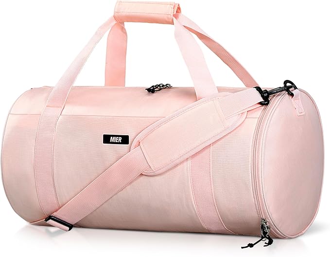 MIER Gym Bag Round Duffle Bag with Shoe Compartment & Wet Pocket, Lightweight Carry on Duffel for Men Women Workout Fitness Travel Sports, 24L, Pink