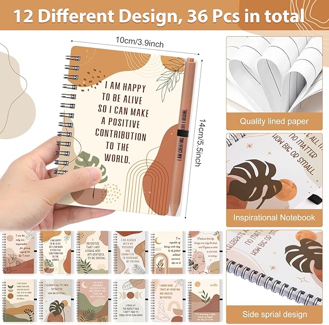 Kosiz 72 Pcs/36 Set Positive Affirmation Gifts Gratitude Spiral Notebooks with Pens Motivational Encouragement Notepads Daily Affirmations Journal for Women Valentine Galentine Gifts (Rainbow)
