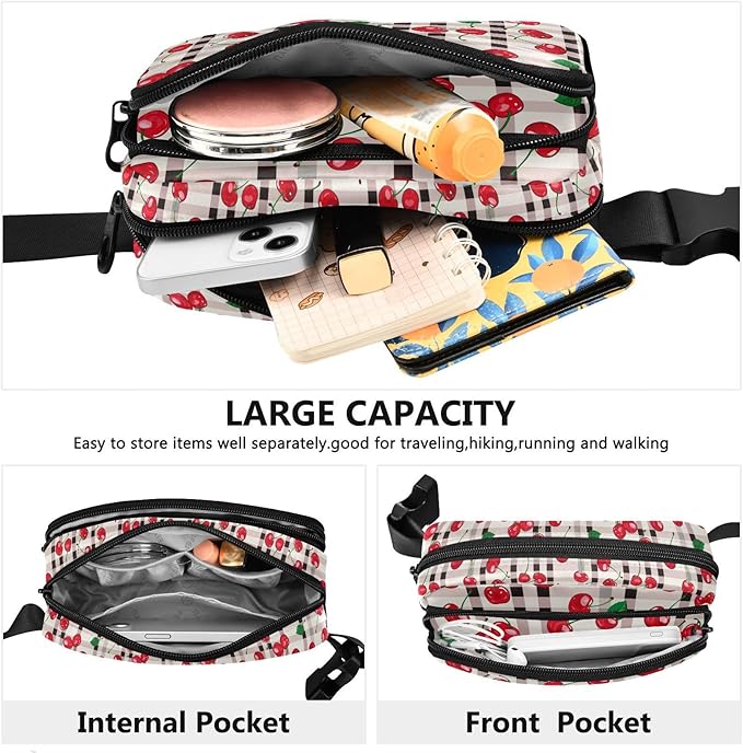 Cherry Red Checkered Plaid Fanny Pack for Women Men Water Resistant Fashion Waist Packs with Adjustable Strap Belt Bag for Travel Workout Jogging Hiking 21219407
