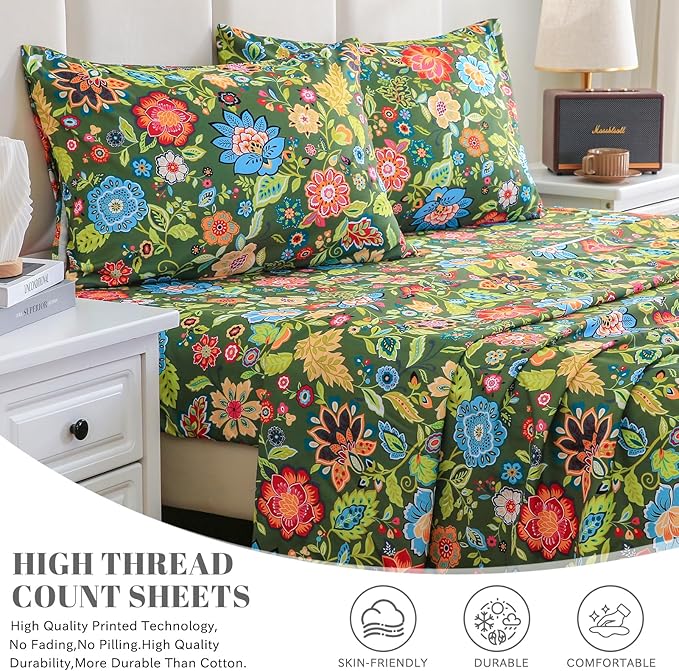 Bedlifes Twin Sheet Set Ultra Soft, Breathable, Silky Flower Deep Pocket 100% Microfiber Bedding, 3 Piece Twin Size with Floral Dark Green