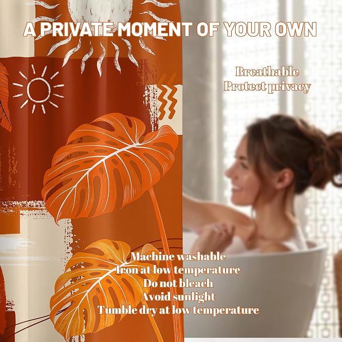 Burnt Orange Mid Century Modern Shower Curtain Bohemian Abstract Leaf Shower Curtains for Bathroom Decor Sets, Waterproof Cloth Fabric with Hooks, 72x84 Inch