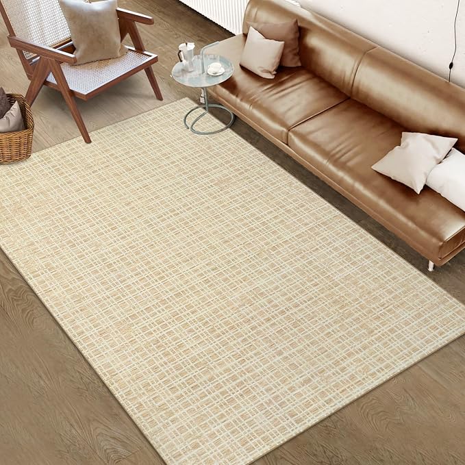 Washable Area Rugs 4x6 Rug for Living Room Bedroom Rugs Modern Plaid Entryway Rug Non Slip Soft Faux Wool Low Pile Stain Resistant Carpet for Dining Room Nursery 4'x6' Yellow