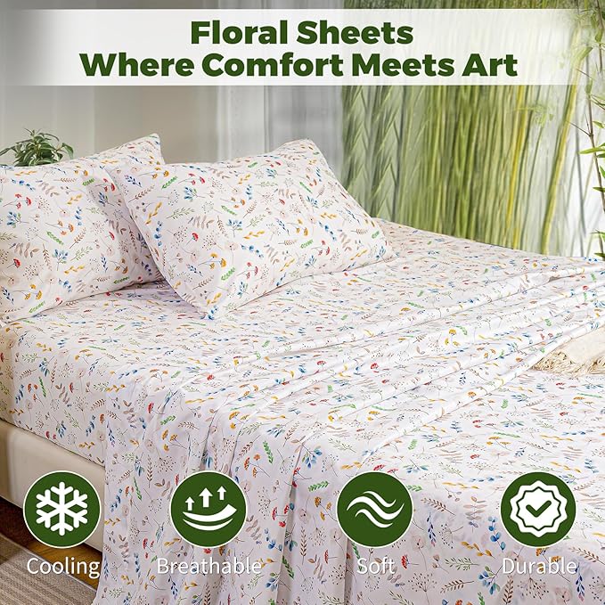 Bedlifes King Floral 4-Piece Sheet Set - Cooling Sheets Blend Rayon Derived from Bamboo,Soft & Breathable, Deep Pocket 16", Wrinkle Resistant - Vibrant Boho Floral Design