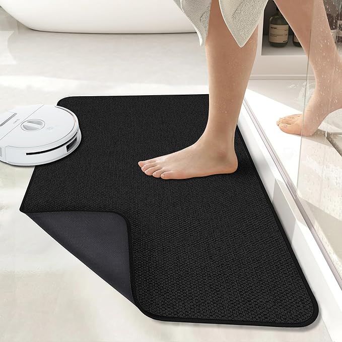 Bath Mat,Ultra Thin Bathroom Runner Rugs,Large Bath Mats for Bathroom,Quick Dry,Non-Slip,Machine Washable,Low Pile,Bath Rug,Shower Outside,Sink,Home Decor Accessories.Black,1'5"x2'11"（17x35inch）