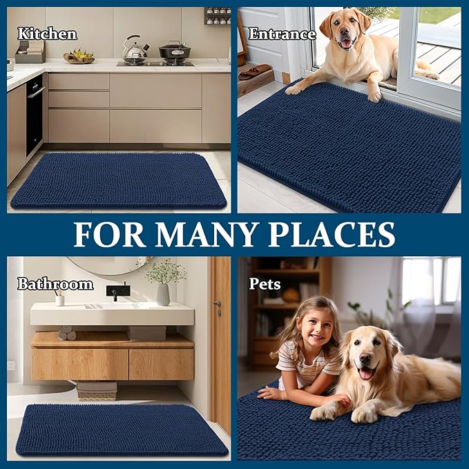 OLANLY Dog Door Mat for Muddy Paws 40x32, Absorbs Moisture and Dirt, Absorbent Non-Slip Washable Doormat, Quick Dry Chenille Mud Mat for Dogs, Entry Indoor Entryway Carpet for Inside Floor, Dark Blue