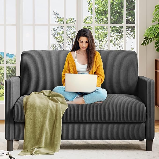 Loveseat Sofa, 51" Love Seat, Comfy Corduroy Small Loveseat for Small Spaces, Tool-Free Setup Couch for Bedroom, All-Wood Couches for Living Room, No Pillow Included, Grey