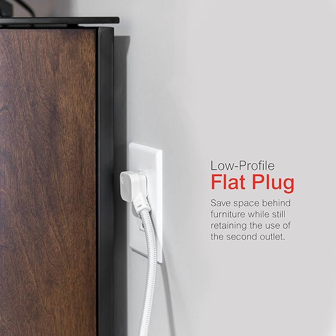 GE 3-Outlet Power Strip Surge Protector 8 Ft Braided Extension Cord with Multiple Outlets Grounded Flat Plug ETL Listed White 38433