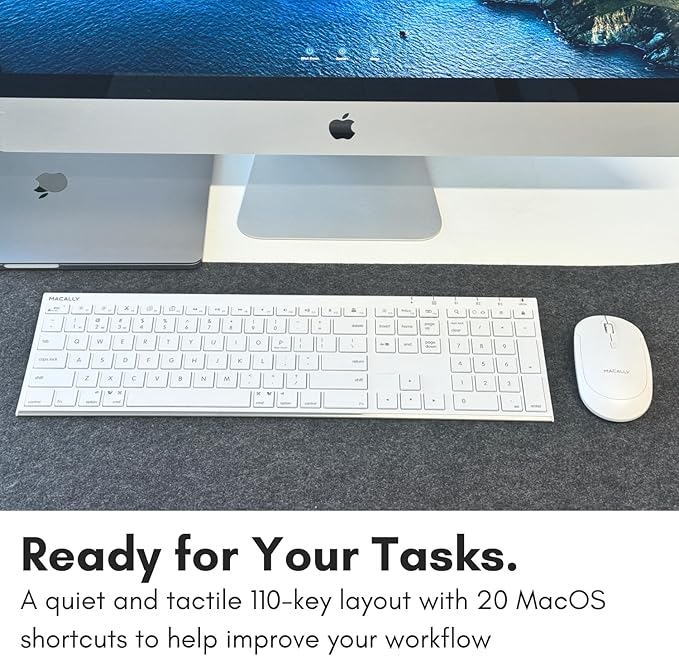 Macally Wireless Bluetooth Keyboard for Mac - Compatible Apple Keyboard or MacBook Pro/Air, iMac - Multi-Device, Up to 3 Devices with 110 Keys, 20 Shortcuts, Numeric Keypad, and Rechargeable - White
