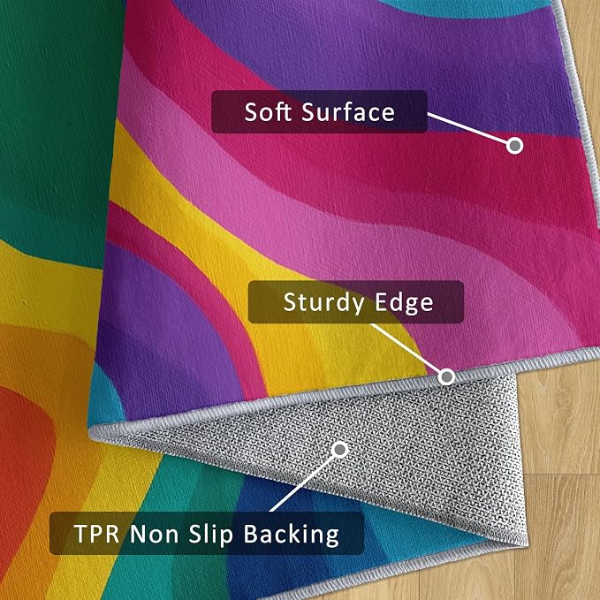 Rainbow Abstract Rugs 5x7, Colorful Retro 70s Washable 5 x 7 Area Rug for Living Room, Bedroom, Low Pile Non Slip Stain Resistant Carpet, Abstract Home Decor Accessories & M887