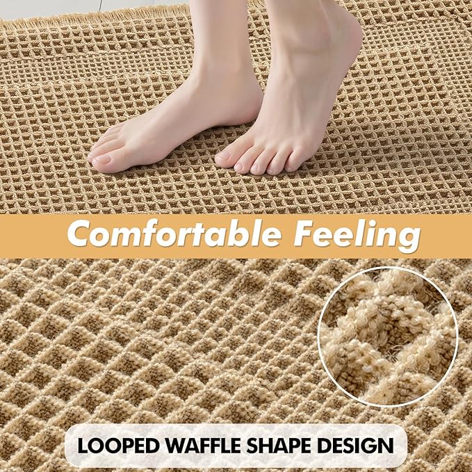 MIULEE Set of 2 Waffle Bathroom Rugs, Boho Bath Rug Super Absorbent, Non Slip Washable Ultra Soft Rubber Backed Shower Bath Mats for Floor, Tub, Shower, Looped Design, Brown, 24x36 Inch