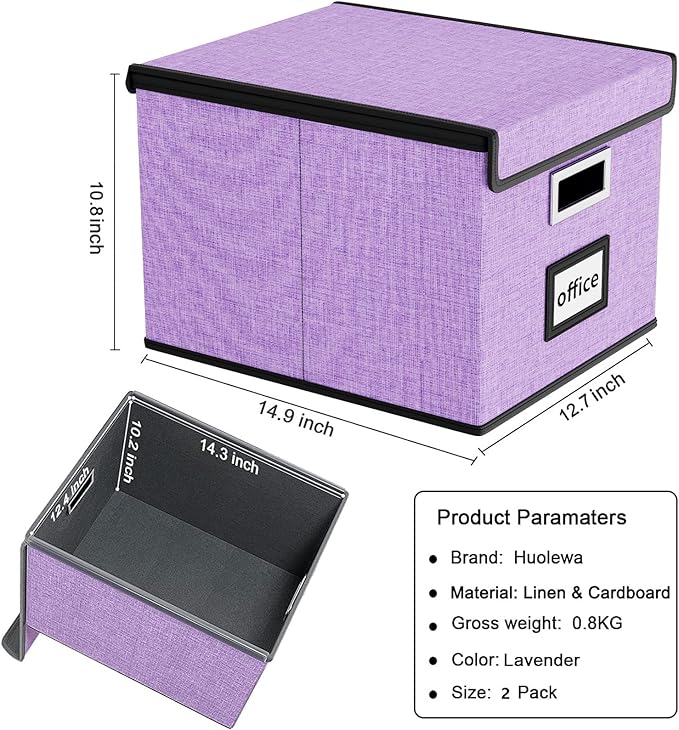 Decorative File Organizer Storage Boxes with Lid, Huolewa Linen Hanging Filing & Storage Box with Plastic Slide for Office/Decor/Home, Universal Hanging Filing Organization Box for Letter/Legal Folder