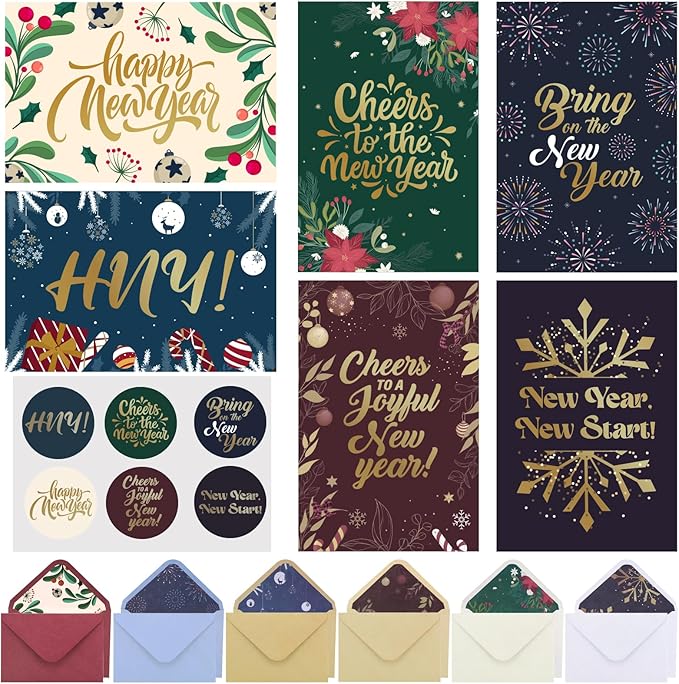 Thboxes New Year Cards with Envelopes, 36 Pack 4x6in Happy New Year Greeting Cards, Gold Foil Happy Holiday Card with Stickers, Christmas Card, 6 Assorted Design