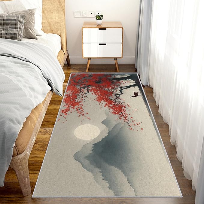 Long Narrow Hallway Runner Rug 2x10, Asian Deer Rug, Japanese Ink Pattern Design, Bed Side Runner Rugs for Bedroom, Children Kids Boys Girls Room, Chinese Home Decor