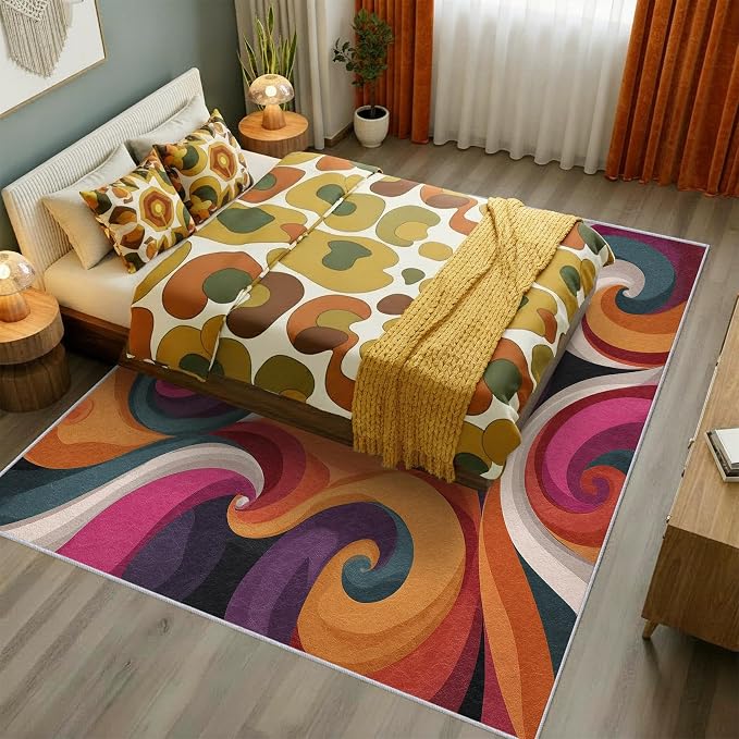 70s Rug Large 7x10 Retro Funky Hippie Psychedelic Swirl Pattern Area Rugs for Living Room, Bedroom, 70s Home Decor Accessories Indoor Carpet, Non Slip & Machine Washable, GD0401