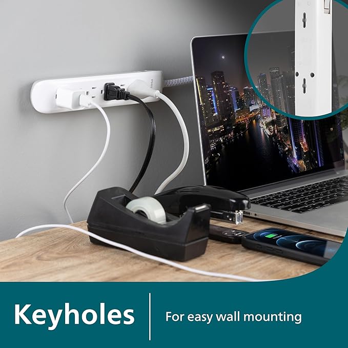 Philips 6 Outlet Surge Protector Power Strip, Designer Braided Power Cord, 4 Ft Power Cord, Flat Plug Extension Cord, Perfect for Office or Home Décor, 720 Joules, ETL Listed, White, SPC3064WE/37