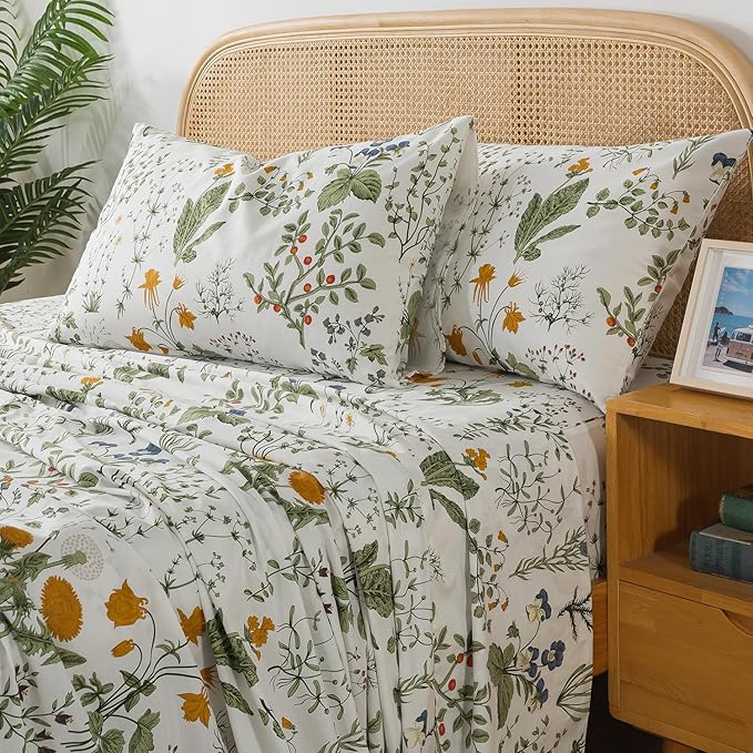Zusbest California King Size Sheet Sets 100% Percale Cotton Green Floral Bed Sheets Yellow Flower & Green Leaves Botanical Pattern Garden Crisp Soft Deep Pocket Fitted Sheet 17.5'' 4Pcs, Cal King
