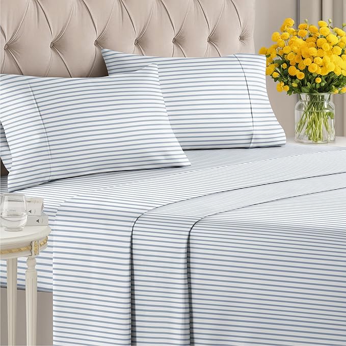Striped Sheets - Blue & White Striped Sheets - 1 Flat & 1 Fitted & 2 Pillowcases w/ Deep Pockets – Comfy, Wrinkle & Fade Free - Soft, Breathable & Cooling - Luxury Pinstripe Bedding - Full Size Set