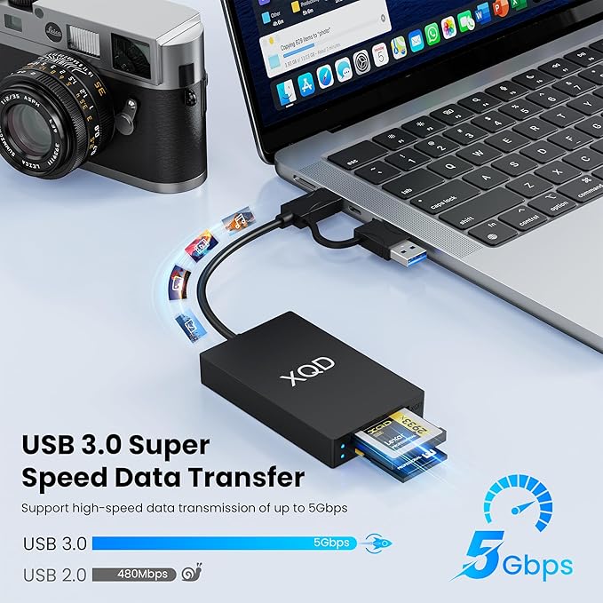 USB 3.0 XQD+SD Card Reader, 2-in-1 USB A and Type C 5Gbps Memory Card Reader with 2 Slots XQD/SD Compatible with Sony G/M Series, Lexar Mark Cards, Sony G Series, for Windows/Mac OS/Linux, Black