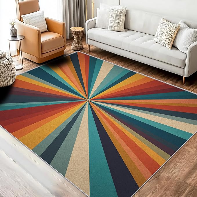 Retro Sunburst Rugs 8x10, 70s Colorful Abstract Washable 8 x 10 Area Rug for Living Room, Bedroom, Low Pile Non Slip Stain Resistant Carpet, Retro 70s Home Decor Accessories & M881