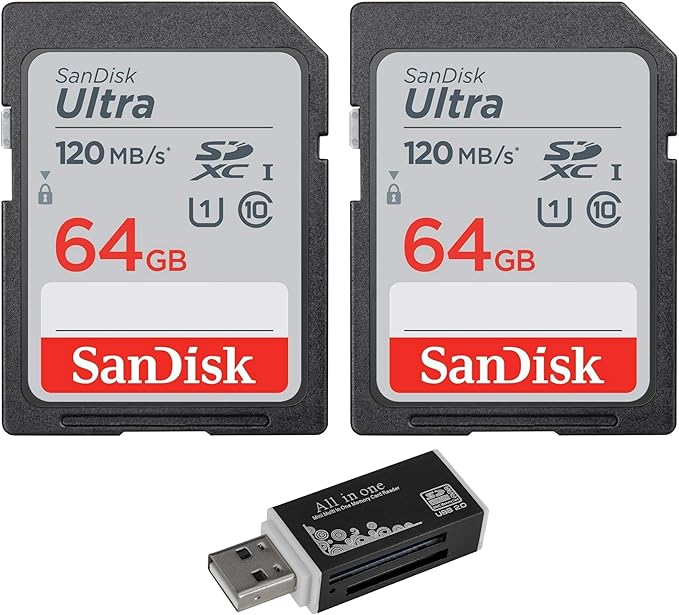 SanDisk (2-Pack) 64GB Ultra SDXC UHS-I Memory Card - 120MB/s, C10, U1, Full HD, SD Card - SDSDUN4-064G-GN6IN + Green Extreme 4 in 1 Memory Multi Card Reader