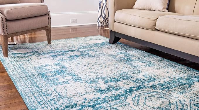 Unique Loom Bromley Collection Area Rug - Wells (8' x 11' Rectangle, Turquoise/ Ivory)