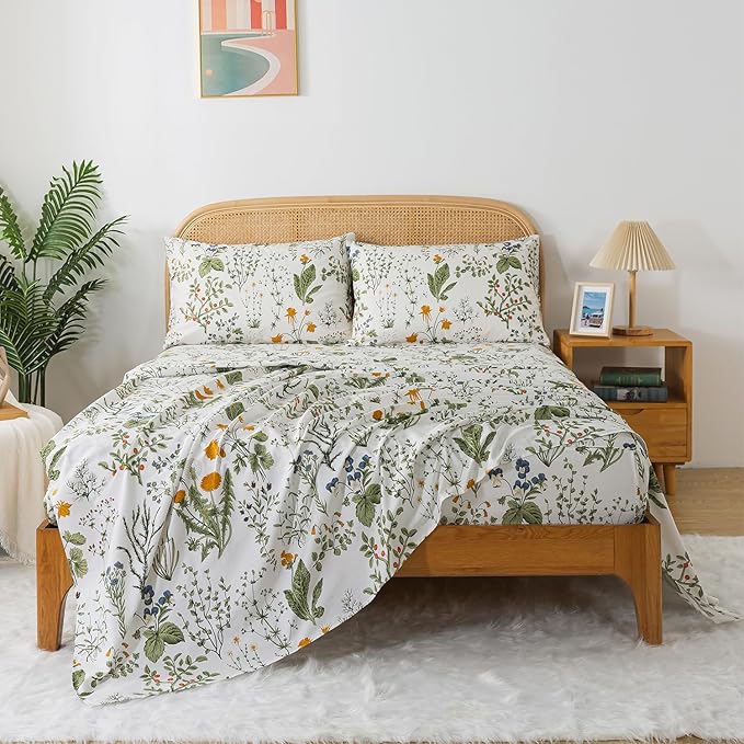 Zusbest California King Size Sheet Sets 100% Percale Cotton Green Floral Bed Sheets Yellow Flower & Green Leaves Botanical Pattern Garden Crisp Soft Deep Pocket Fitted Sheet 17.5'' 4Pcs, Cal King