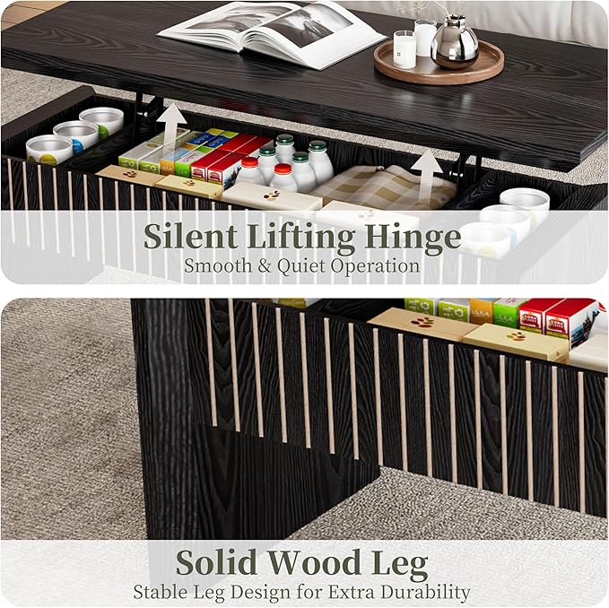 Lift Top Coffee Table with Storage, Mid Century Modern Coffee Table with Hidden Compartment, Fluted Wood Rectangle Center Table for Living Room, Home Office, Walnut (Black, 42.5''W)