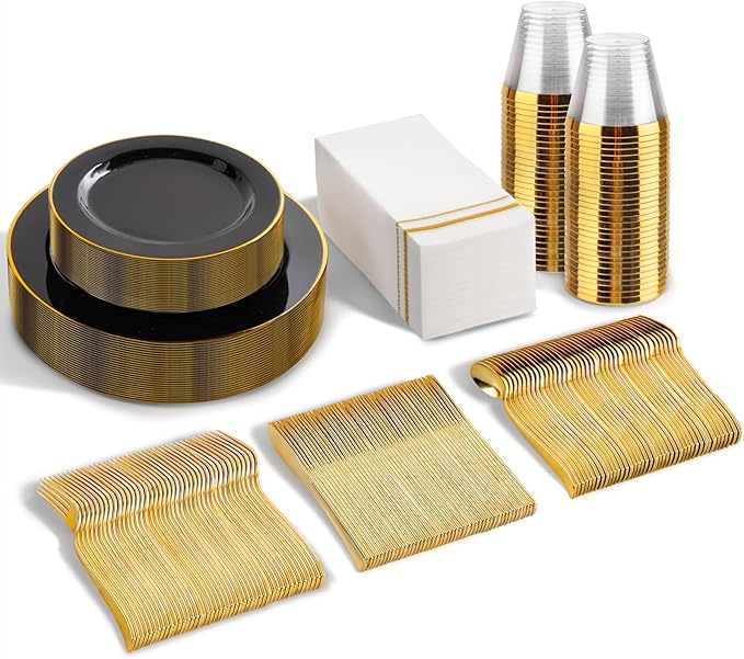 SUT 175 Piece Black and Glod Plastic Dinnerware Set for 25 Guests, Disposable Plastic Plates, Include: 25 Dinner Plates, 25 Dessert Plates, 25 Pre Rolled Napkins with Silver Silverware, 25 Cups
