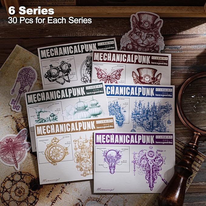 AuriicLeaf Retro Steampunk Washi Stickers, 180 Pcs Mechanical Ephemera for Scrapbooking, Journaling, DIY Crafts, and Art Supplies