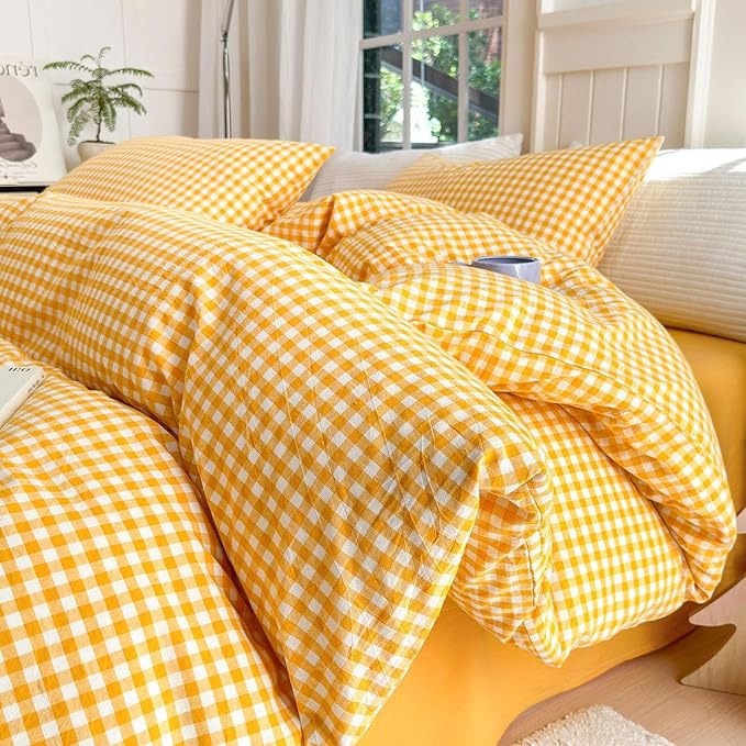 LifeTB Yellow Gingham Comforter King Comforter Set Geometric Checkered Plaid Bedding Comforter with 2 Pillowcases Fluffy Soft Lightweight Bedding Boho Grid Plaid Comforter Set King for All Seasons