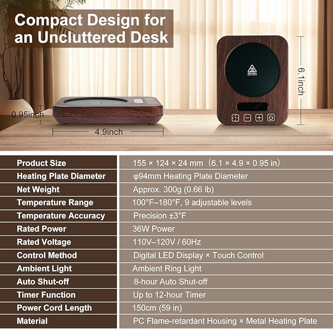 Coffee Mug Warmer with Temperature Control, 36W Electric Mug Heater, 120–180°F Adjustable Desk Cup Warmer with Timer & Auto Shut-Off, Ambient Light, Walnut Wood-Grain Finish, Gift for Home & Office