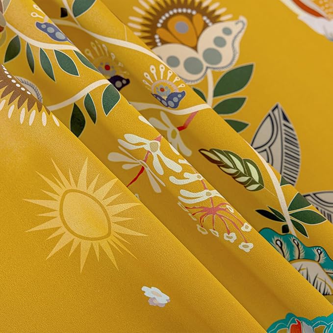 XiDi Vintage Floral Patterned Curtains Blackout 102 Inches Long 2 Panels for Bedroom Thermal Insulated Luxury Curtains with Botanical Leaf Printed Design Grommet Drapes Mustard Yellow 52x102