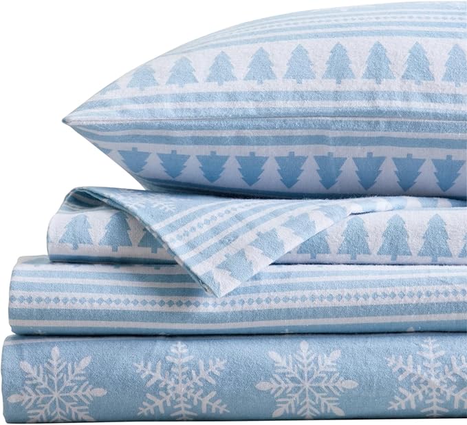 Market & Place 100% Cotton King Flannel Sheet Set | 4 Piece Deep Pocket Novelty Cozy Winter Bed Sheets | Double Brushed for Extra Softness & Comfort | Alpine Collection (King, Striped Snowflake)