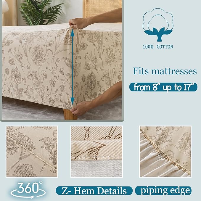 Zusbest California King Size Sheet Sets 100% Percale Cotton Beige Floral Bed Sheet, Brushed Extra Softness, Breathable Toile Flannel Sheets Like Khaki Flower Print Deep Pocket Sheets 17.5'' 4 Pcs