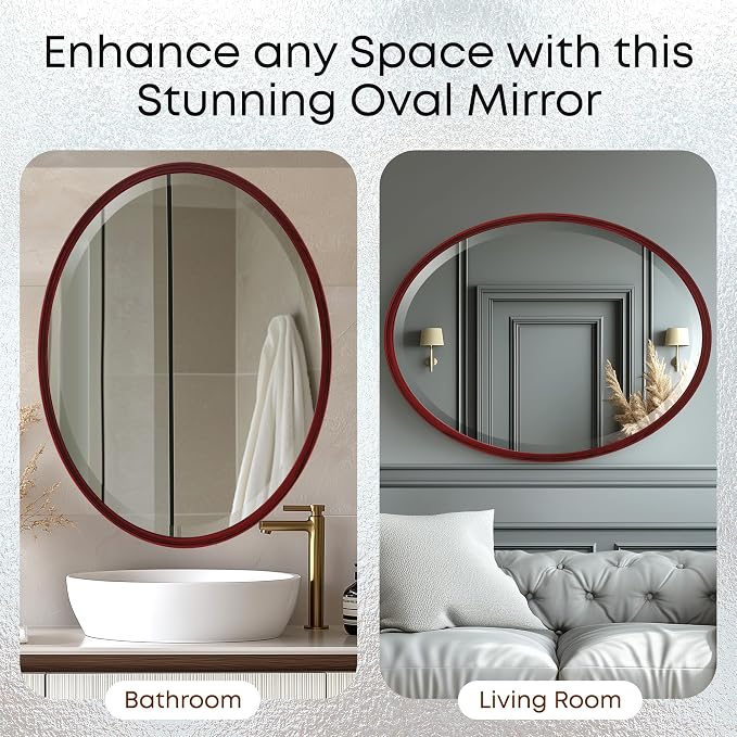 OVALCREST - Oval Wooden Beveled Wall Mirror for Home Decor, Bathroom, Vanity, Bedroom, Living Room, Hallway - London Style (Black Cherry) 29.1 x 23.1
