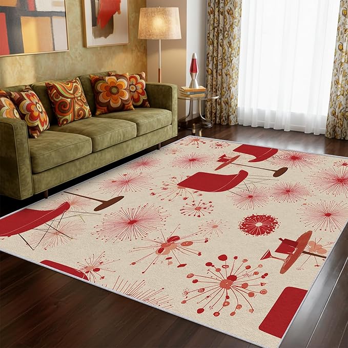 50s Retro Rug 6x9 60s 70s Mid Century Modern Pattern Area Rugs for Living Room, Bedroom, 50s Retro Home Decor Accessories Indoor Carpet, Non Slip & Machine Washable