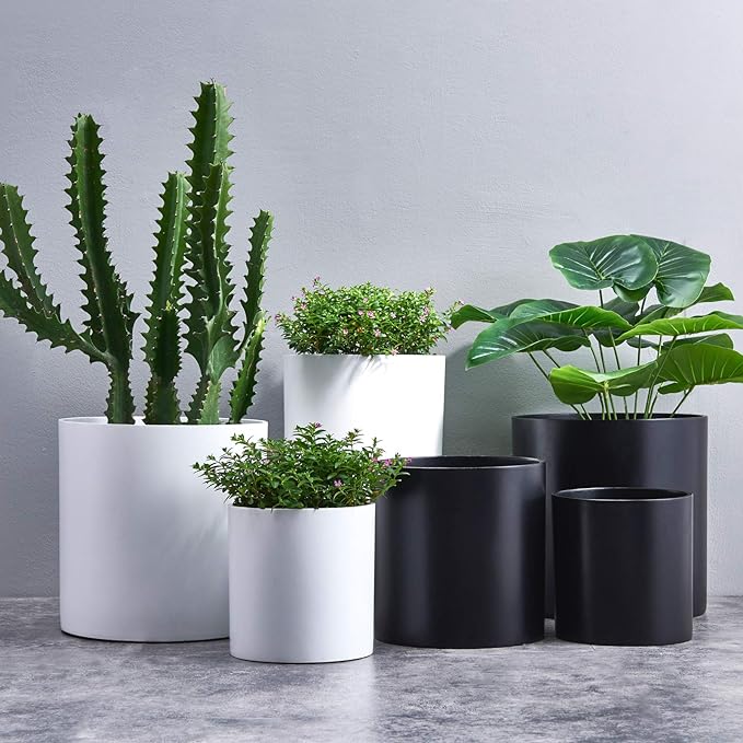 FaithLand 10 Inch Fiberstone Planter - Lightweight Modern Cylinder Plant Pot with Drainage Hole & Plug, Indoor Outdoor Use, Matte Black
