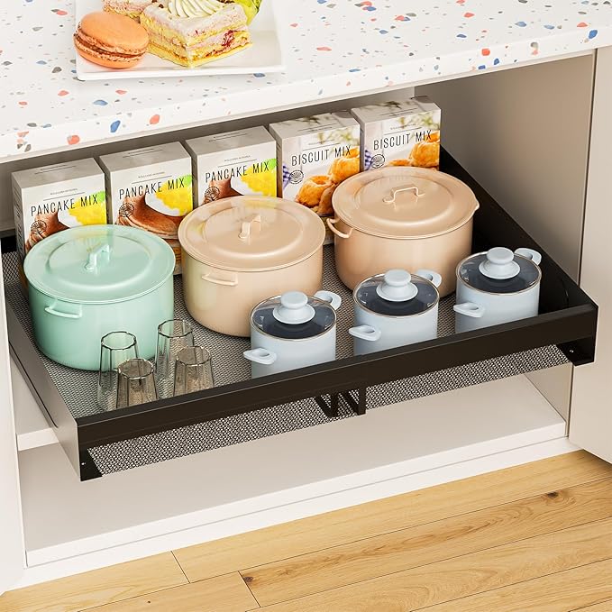 Hisencn Pull Out Cabinet Organizer, Expandable Width 13.9"-22", 21.8" Deep Heavy Duty Slide Out Drawer for Kitchen Cabinets, No Drill Roll Out Shelves with Adhesive Nano Film (Black)